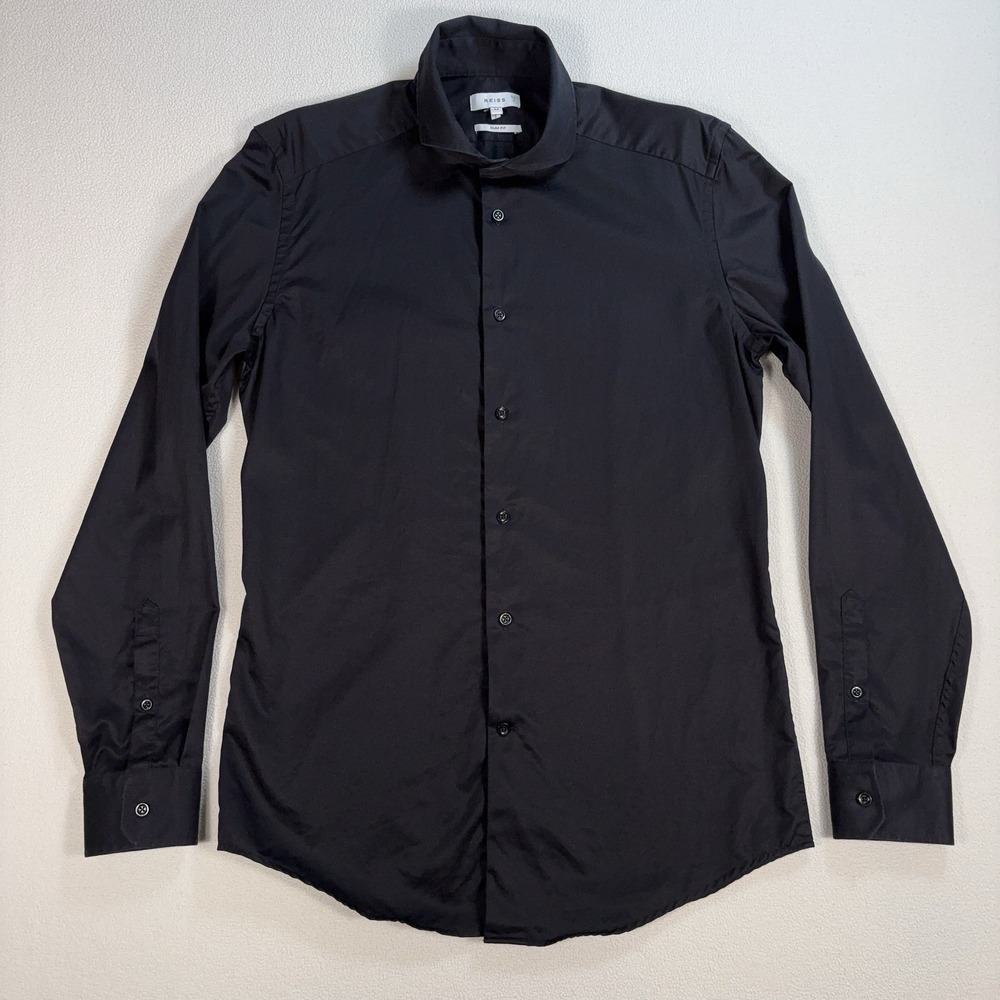 Reiss Storm Shirt Mens M Black Slim Fit Two-Fold Cotton Cutaway Collar Button Up
